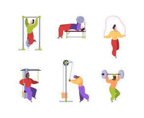Sport people. Stylized flat characters making exercises healthy lifestyle activity cycling gym jogging yoga garish vector funny persons isolated