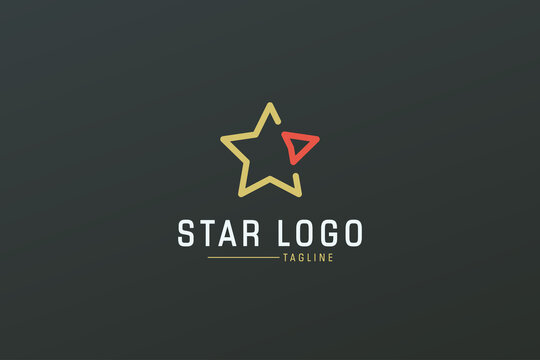 Star Logo Line. Gold Geometric Line Five Star Icon with Red Right Arrow isolated on Dark Background. Usable for Business and Branding Logos. Flat Vector Logo Design Template Element.