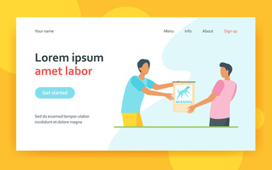 Dog owner showing lost pet poster to man. Person searching for missing animal flat vector illustration. Losing pet concept for banner, website design or landing web page