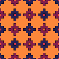 Inca crosses, squares, checks seamless pattern. Ethnic ornament. Folk background. Geometric wallpaper. Tribal motif. Ancient mosaic. Cross, square shapes. Ethnical textile print, abstract. Vector art.