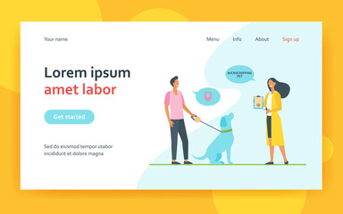 Dog owner man and veterinarian woman with chip syringe and microchipping certificate. Safety animal chip flat vector illustration. Microchipping pet concept for website design or landing web page