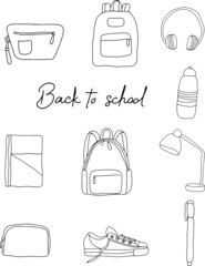 Vector illustration back to school. Backpack. Sneakers. Thermos. Pencil case. Notebook.