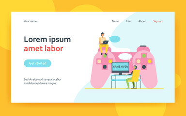 Cyber sport competitors. Tiny gamers playing online game at huge controller. Flat vector illustration. Entertainment, leisure, virtual activity concept for banner, website design or landing web page