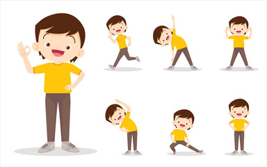 bundle set of cute boy on exercise various actions