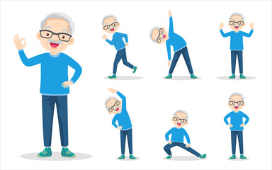 Fototapeta na wymiar bundle set of smart elderly man on exercise various actions