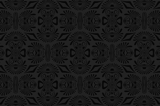3D volumetric convex embossed geometric black background. Ethnic pattern in the style of doodling, Mexican motifs.
Artistic unique ornament for wallpaper, website, textile, presentation.
