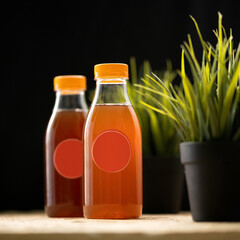 Blank label at transparent bottles with orange juice or soft drink at table with artificial flower pots on it. Black background. Bright colors of nature. Mock up or template for label design.