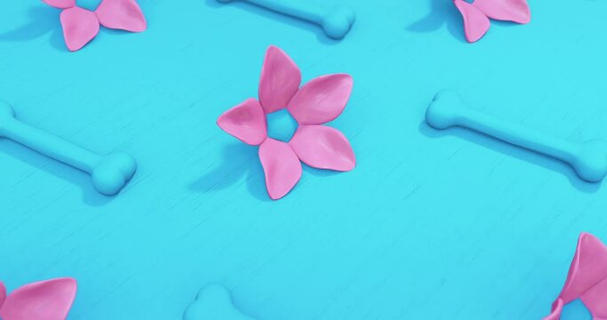 Minimal motion 3d art. Flowers and bones in blue abstract space. Trendy colours mix. Loop motion design 4k video.
