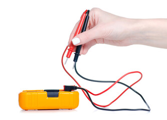 Multimeter yellow work tool in hand on white background isolation