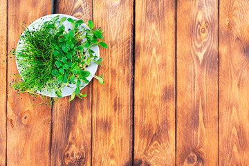 Fototapeta na wymiar Micro greens on a plate on an old wooden vintage table. Healthy, organic food. Growing microgreens at home