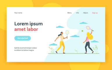 Happy women playing in badminton outdoors. Friend, racket, shuttlecock flat vector illustration. Game activity and leisure concept for banner, website design or landing web page