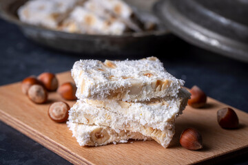 Traditional delicious Turkish dessert; cezerye with hazelnuts and coconut (Turkish name; Findikli madonna)