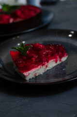 Tart Pie With Berry Jam On Wooden Table. Flat Lay. Copy Space.