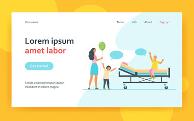 Mother woman and brother boy visiting patient child recovering from cancer in hospital. People celebrating recovery flat vector illustration. Health care and medicine concept website design
