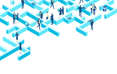 Isometric 3D business environment. Business management infographic. Isometric labyrinth, business people working together,  generating fresh content and new ideas, success, innovation, progress.