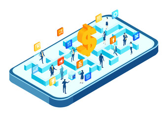 Isometric 3D business environment.  Isometric working space, business people working together in maze. Support, advisory, investments, solving the problems. Business concept infographic.