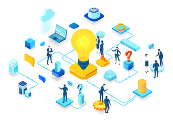 Isometric 3D business environment. Business management. Isometric office space, business people work around light bulb as symbol of generating fresh content and new ideas. Infographic illustration
