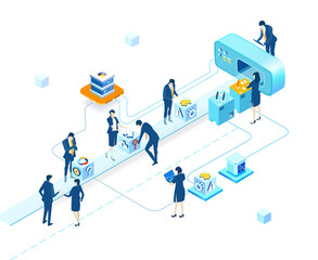 Isometric 3D business environment.  Isometric working space, business people working together next to conveyer belt, production line. Support, delivery, Business concept infographic.