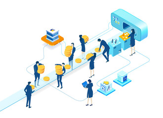 Isometric 3D business environment.  Isometric working space, business people working together next to conveyer belt producing coins. Support, advisory, investments, Business concept infographic.