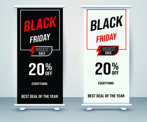 Modern roll-up banner design with Black Friday, Biggest sale, and special 20 percent deal off for everything tag with abstract design in the display standee