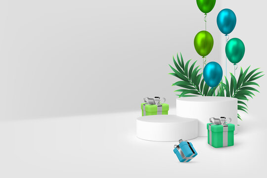 Vector 3d podium scene with gift boxes, balloons and tropical leaves. Mockup for product presentation with copy space. White minimal background for summer seasonal discounts or holidays.
