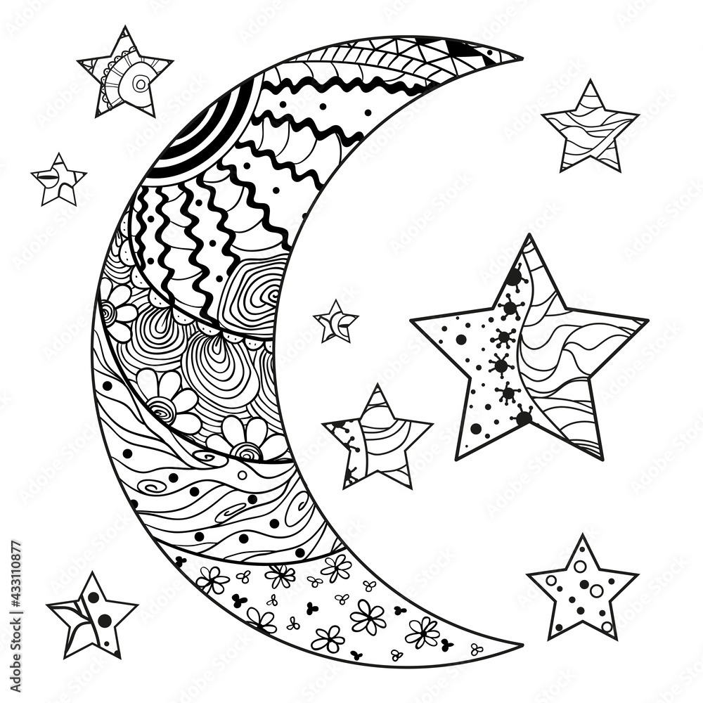 Sticker zentangle moon and star with abstract patterns on isolation background. design for spiritual relaxat