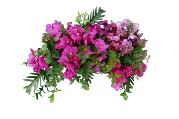 Tropical leaves and flower garland bouquet arrangement mixes orchids flower with tropical foliage fern, philodendron and ruscus leaves isolated on white background with clipping path.
