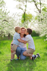 Fototapeta premium mother with sons kiss and cuddle in flowering garden. mother's day