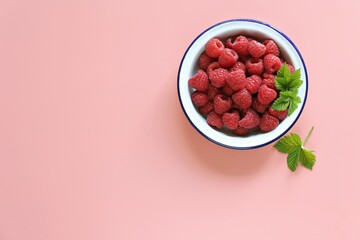 Fresh raspberry . Pink background. Flat layot, copy space	