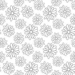 Black thin linear chamomile flowers isolated on white background. Cute monochrome floral seamless pattern. Vector simple flat graphic illustration. Texture.