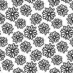 Black bold linear chamomile flowers isolated on white background. Cute monochrome floral seamless pattern. Vector simple flat graphic illustration. Texture.
