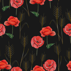 Watercolor flowers seamless pattern against dark background