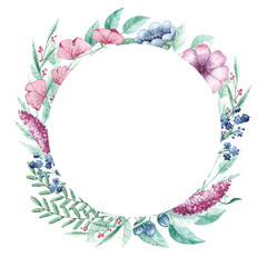 Watercolor floral frame with hand drown pink flower. Frame with delicate flowers and leaves. Watercolor texture for wrapping paper, fabric, decor.