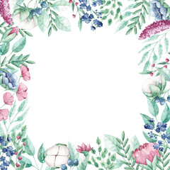 Watercolor floral frame with hand drown pink flower. Frame with delicate flowers and leaves. Watercolor texture for wrapping paper, fabric, decor.