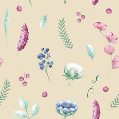 Watercolor floral seamless pattern with hand drown pink flower. Pattern with delicate flowers and leaves.Watercolor texture for wrapping paper, fabric, decor.