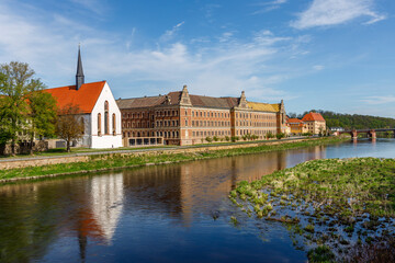Grimma, Saxony, Germany- 05 11 2021, the small town on the river Mulde -Modern flood protection...