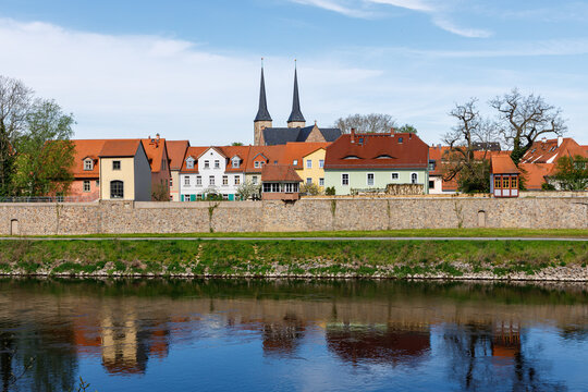 Grimma, Saxony, Germany- 05 11 2021, the small town on the river Mulde is known as the "pearl of the Mulde valley"-Modern flood protection wall in the style of the historic city wall
