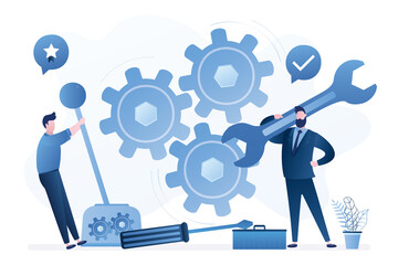 Technical support and repair. Business people with tools. Worker moves lever. Happy workers or support staff people fix mechanism with gears.