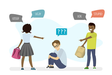 Classmates tease and mock boy. Children point fingers at victim. Concept of intimidation, name-calling and aggression