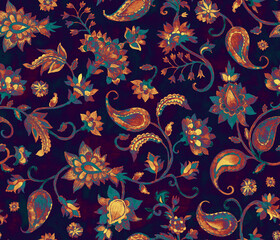 Watercolor hand painted paisley seamless pattern. Whimsical flowers, leaves, brunches, paisley. Oriental illustration. Islam, arabic, indian, spain, turkish, pakistan, ottoman motif. Water color print
