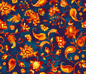 Obraz premium Watercolor hand painted paisley seamless pattern. Whimsical flowers, leaves, brunches, paisley. Oriental illustration. Islam, arabic, indian, spain, turkish, pakistan, ottoman motif. Water color print