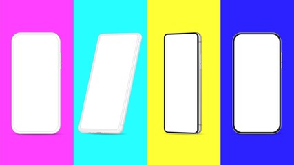 Realistic smartphone template. Smartphones empty screen, phones on neon color background. Mobile net, ad mockup vector set