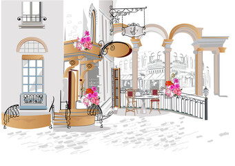 Series of backgrounds decorated with flowers, old town views and street cafes.    Hand drawn vector architectural background with historic buildings.  - 433114831