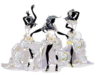Abstract dancing girls in white dresses decorated with roses. Salsa festival.Hand drawn vector illustration.