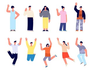 Modern happy people characters. Cartoon female, young happy woman man greetings. Isolated smiling business adult, jump person utter vector set