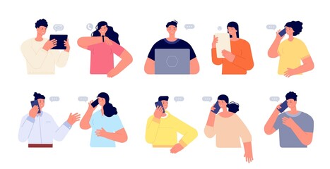 People chatting online. Person work with computer, business from home. Adults working, smartphone user talking. Women in chat utter vector characters