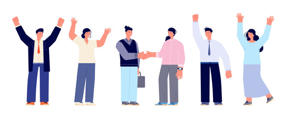 Fototapeta na wymiar Business team agreement concept. Businessman handshake, signing project customer. Partners hold hand, partnership meeting utter vector characters