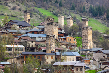 Obraz premium Towers of Mestia village in Svaneti area Caucasus mountains in Georgia