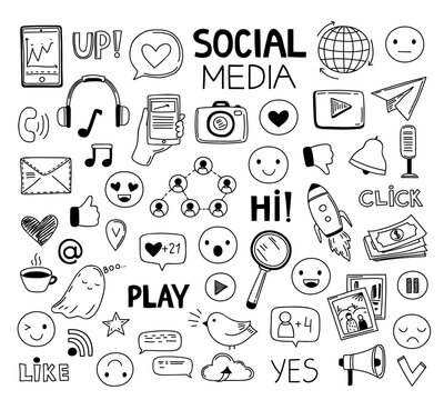 Doodle social media icons. Drawing symbols, website sketch art. Network or digital marketing elements, photo click arrow web exact vector set