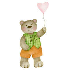 Watercolor teddy bear with a ball isolated on a white background.